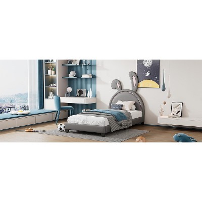 Vynxaria Twin Size Upholstered Leather Platform Bed with Adorable Rabbit Ornament