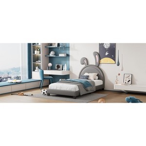 Vynxaria Twin Size Upholstered Leather Platform Bed with Adorable Rabbit Ornament - 1 of 4