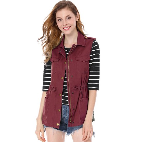 Allegra K Women's Turnover Collar Drawstring Waist Zip Up Sleeveless  Utility Cargo Vest Burgundy X-Small