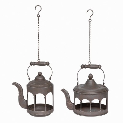 Transpac Set of 2 Metal Kettle Bird Feeders Charming Black Bird Figurines Spring Tabletop Decor Decorative Objects