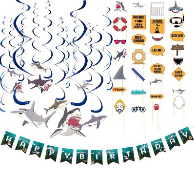 Blue Panda 37-Piece Shark 3-in-1 Party Decorations - Happy Birthday Banner, Swirl Decor, Photo Booth Props