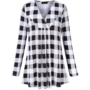 Women's Plus Size Long Sleeve V Neck Tunic Tops Pleated Flowy Tee Shirt Causal Loose Blouse, White Black Plaid, 3XL - 1 of 4
