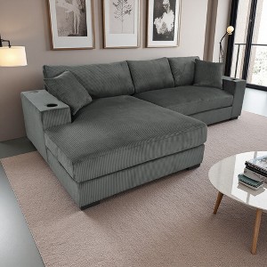 111.5" Corduroy L-Shaped Sectional Sofa with Wide Chaise, Thick Cushions, Cup Holders & USB Ports - 1 of 4