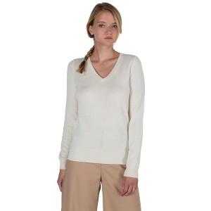 JENNIE LIU Women's 100% Pure Cashmere Long Sleeve Pullover V Neck Sweater - 1 of 4