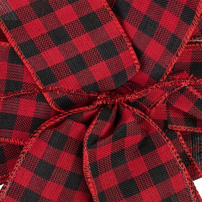 Red and Black Plaid Fabric Christmas Bow Tree Topper