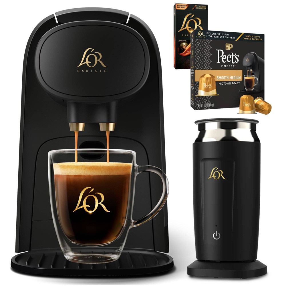 L&#039;OR Barista System Coffee and Espresso Machine with Milk Frother and 20 Capsules