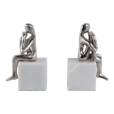 Sagebrook Home Set of 2 Human Figure Bookends - Contemporary Marble and Aluminum White and Silver Sitting Figure Bookend Set Decorative