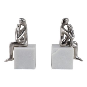 Sagebrook Home Set of 2 Human Figure Bookends - Contemporary Marble and Aluminum White and Silver Sitting Figure Bookend Set Decorative - 1 of 4