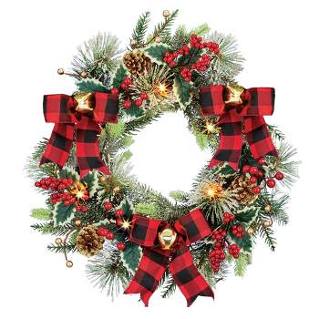 Collections Etc Frosted Artificial Buffalo Plaid Bows Pine Wreath