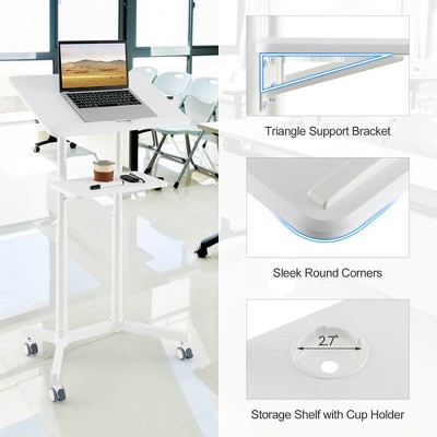 White Adjustable Mobile Podium with Storage Tray and Casters