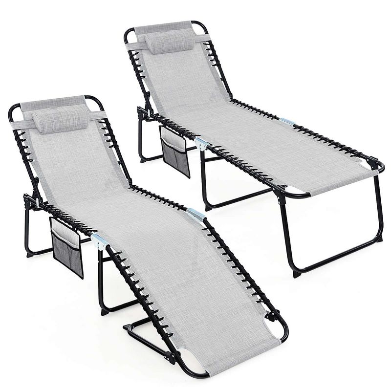 Costway 2 PCS Folding Chaise Lounge Chair Portable Sun Lounger with Adjustable Backrest Grey/Navy, 2 of 9