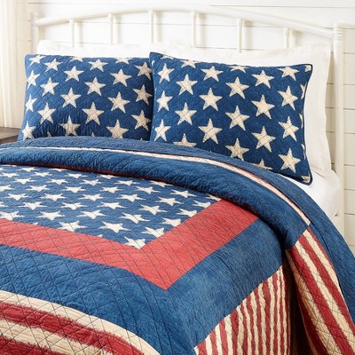 Classic Americana Patchwork King Cotton Quilt Set with Reversible Blue Denim
