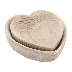 Sagebrook Home Set of 2 Carved Wood Bowls Wooden Nesting Heart Bowls for Table Decor and Display - 1 of 4