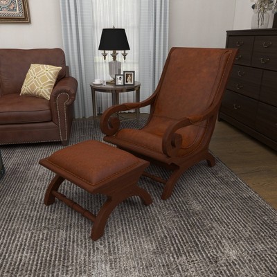 Handcrafted Brown Leather and Teak Wood Accent Chair with Ottoman