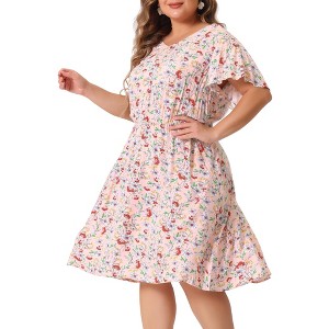 Agnes Orinda Women's Plus Size V Neck Elastic Waist Ditsy Floral At Knee A Line Dresses - 1 of 4
