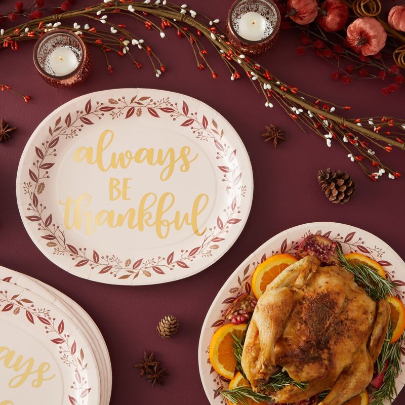 Sparkle and Bash 24-Pack Large Oval Thanksgiving Paper Plates, Heavy Duty Serving Plates with Fall Leaves, Pink with Gold Foil, 13x11 in, 2 of 8