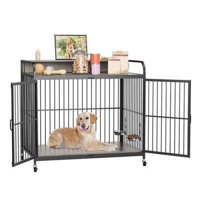 40 Inch Dog Crate Furniture, Dog Cages with Adjustable Feeder Height, Ideal for Small Dogs, Equipped with 360-Degree Swivel Casters