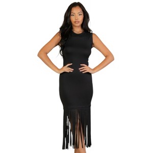 Slickblue Women's Sleeveless Fringe Midi Dress, Bodycon Fit, Stretch Jersey Fabric, 4 Color Options, Size S-L - 1 of 4