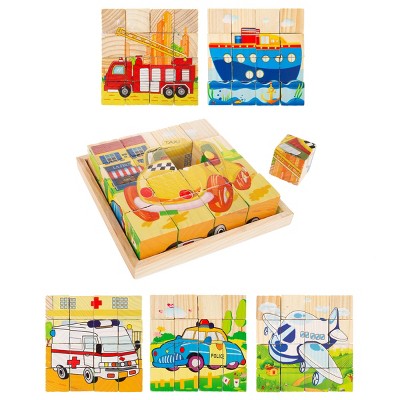 Vehicle Block Puzzle- 6-in-1 Set of Patterns on 16 Wood Cubes in a Storage Tray- Ambulance, Ship, Fire Truck, Airplane, Taxi, Police Car by Toy Time