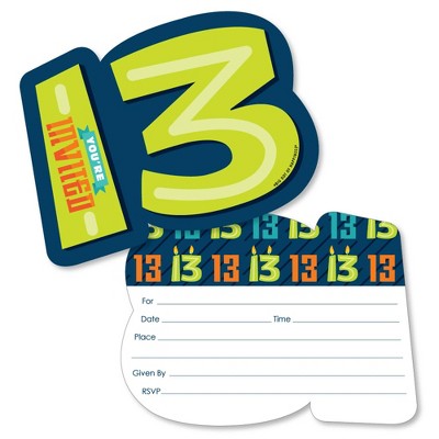 Big Dot of Happiness Boy 13th Birthday - Shaped Fill-In Invitations - Official Teenager Birthday Party Invitation Cards with Envelopes - Set of 12