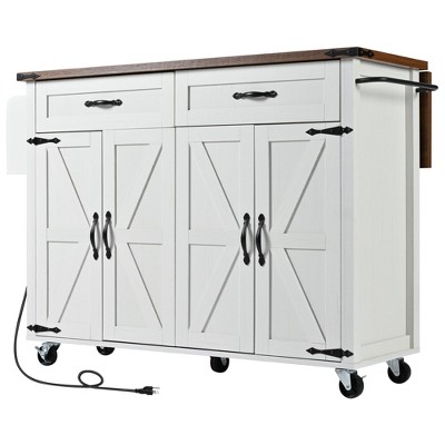 Vynxaria 53.5" Kitchen Island with Outlet, Kitchen Storage Island w/ Drop Leaf, Spice Rack ,Drawer, Rolling Cart on Wheels for Dining Room, White