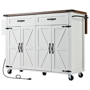 Vynxaria 53.5" Kitchen Island with Outlet, Kitchen Storage Island w/ Drop Leaf, Spice Rack ,Drawer, Rolling Cart on Wheels for Dining Room, White - 1 of 4