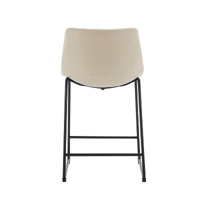 Cream Faux Leather and Black Steel Armless Counter Stools, Set of 2