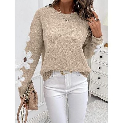 Women's Floral Round Neck Long Sleeve Jacquard Pullover Sweater//