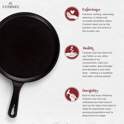 Cuisinel 10.5'' Black Cast Iron Round Griddle with Red Silicone Handle