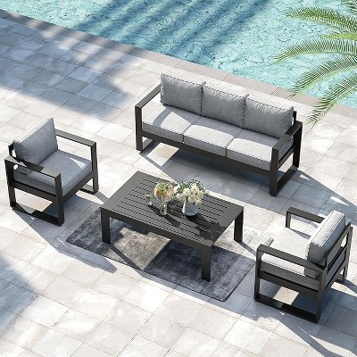 LayinSun 4 Pieces Aluminum Outdoor Patio Furniture Set, Metal Modern Conversation Sofa Set with Coffee Table and Washable Thick Cushions