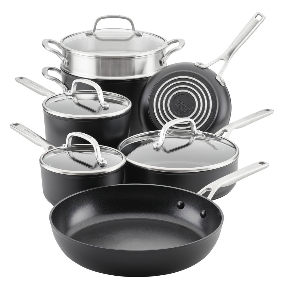 Photos - Bakeware KitchenAid Hard-Anodized Induction 11pc Nonstick Cookware Set: Matte Black, Dishwasher & Oven Safe, Tempered Glass Lids 