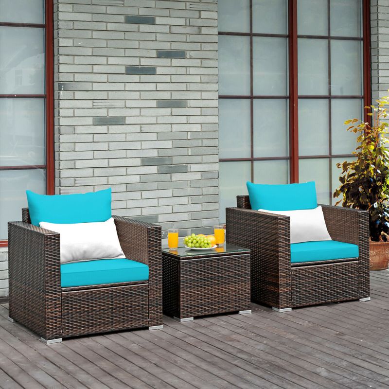 Costway 3PCS Patio Rattan Furniture Set Conversation Sofa Cushioned Turquoise\Red, 1 of 11