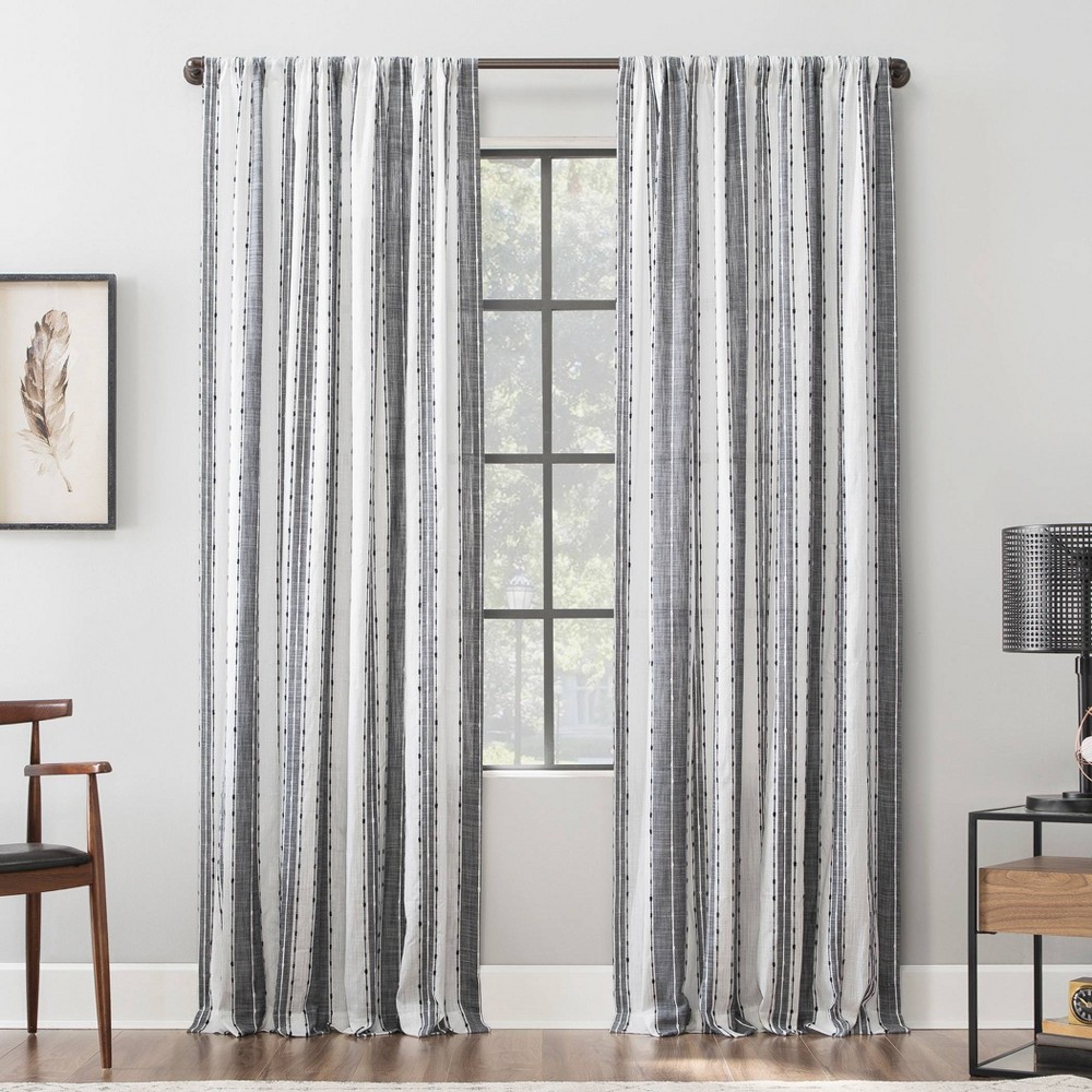 96"x52" Slub Texture Stripe Cotton Light Filtering Curtain Black/White - Archaeo: Modern Rod Pocket Panel