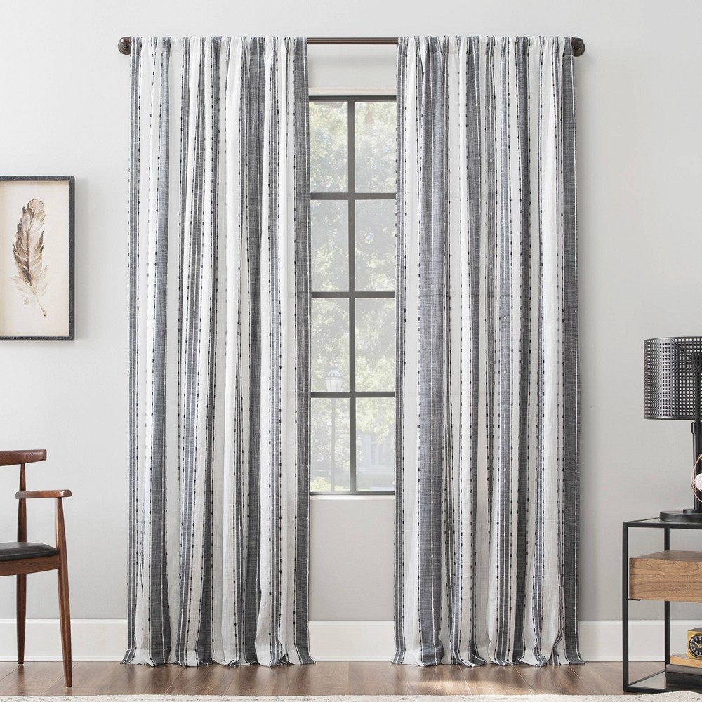 Photos - Curtains & Drapes 84"x52" Slub Texture Stripe Cotton Light Filtering Curtain Black/White - A