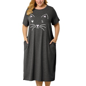 Agnes Orinda Women's Plus Size Soft Knit Cute Cat Print Short Sleeve Split Hem Pockets Midi Sleep Shirts Nightgowns - 1 of 4