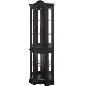 Gulches Lighted Black Corner Curio Cabinet - Tempered Glass Doors & Adjustable Shelves, Carved Handles for Display & Storage - 1 of 4