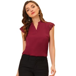 Allegra K Women's Work Office V Neck Stand Collar Lace Cap Sleeve Basic Blouse - 1 of 4