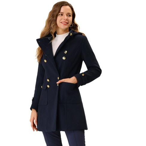 Allegra K Women s Stand Collar Double Breasted Hoodie Outerwear Winter Coat Navy Blue X Large