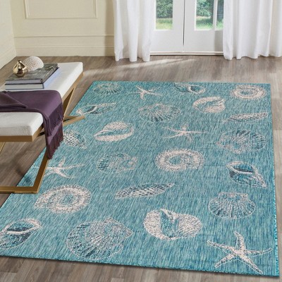 Aqua and White Synthetic Flat Woven Coastal Rug 4'10" x 7'6"