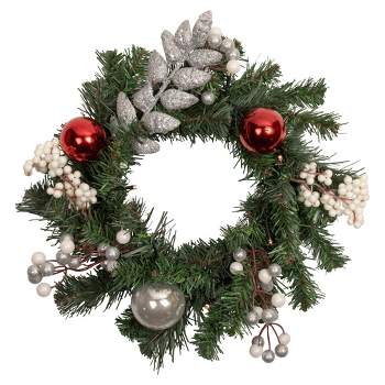 Northlight 16" Pre-Lit Decorated Green Pine Artificial Christmas Wreath, Warm White LED Lights