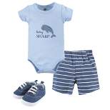 Hudson Baby Infant Boy Cotton Bodysuit, Shorts and Shoe 3pc Set, Narwhal