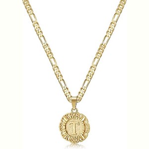 Women's 14K Gold Plated Initial Necklace with Round Letter Pendant from A-Z on Figaro Chain - 1 of 4