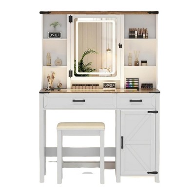 GlasFlength Vanity Tables Farmhouse Vanity with Mirror Hidden Jewelry Cabinet Elegant Design for Living Room, White, 39"*15.75"*56"