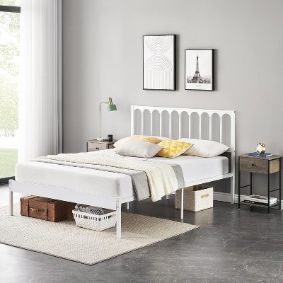 Homhougo Full Size Bed Frame Metal Platform Mattress Foundation with Headboard Heavy Duty Steel Slat Support No Box Spring Needed Easy Assembly White