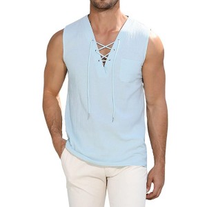 Men's Cotton Linen Tank Top Shirts Casual Sleeveless Lace Up Beach Hippie Tops Bohemian Renaissance Pirate Tunic - 1 of 4