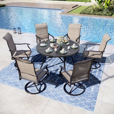 Captiva Designs 7pc Black Slatted Round Steel Table with Umbrella Hole & Grayish Brown Textilene Chairs