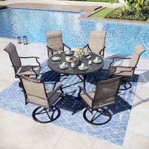 Captiva Designs 7pc Black Slatted Round Steel Table with Umbrella Hole & Grayish Brown Textilene Chairs - 1 of 4