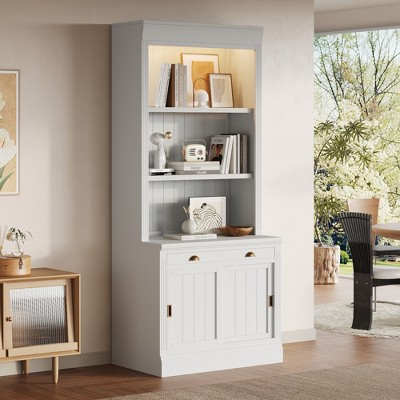 NicBex Retro Display Bookcase 5 Color Adjustable Shelves Mid-Century Modern Tempered Glass Cabinet Multiroom Display Solution, White