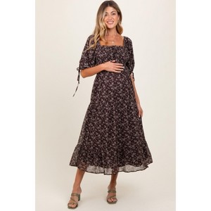 Pinkblush Dark Brown Floral Smocked Sleeve Tie Maternity Midi Dress - 1 of 3