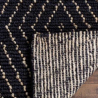 Hand-Knotted Black and Ivory Wool Geometric Runner Rug
